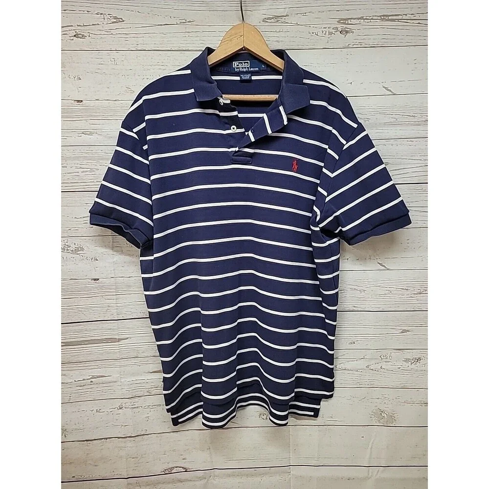 Ralph Lauren Polo Men's Large Navy White Stripes Short Sleeve‎ Top Cotton Read